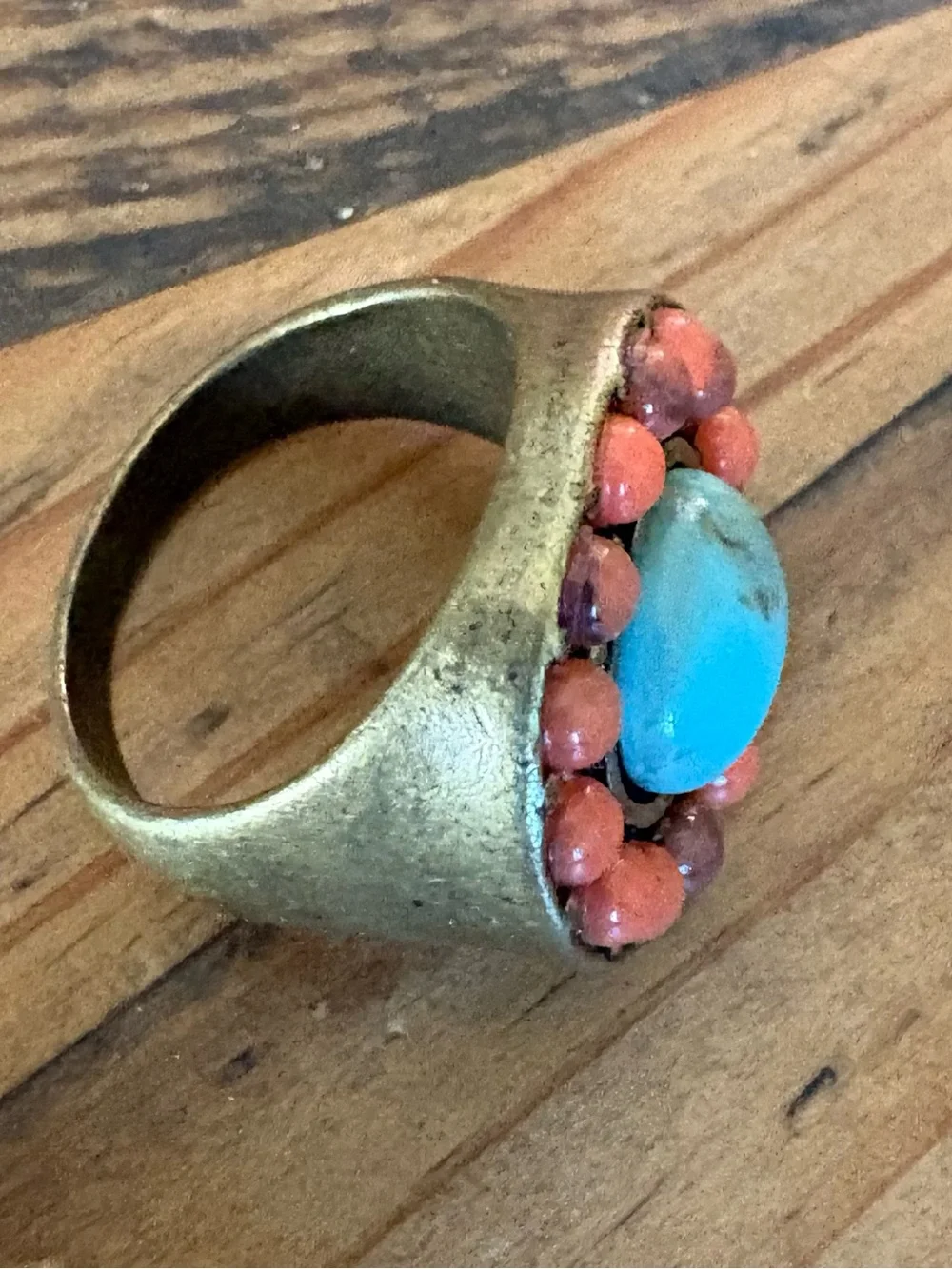 Vintage brass Turquoise & Coral Stone Statement Ring - Women Jewelry READ